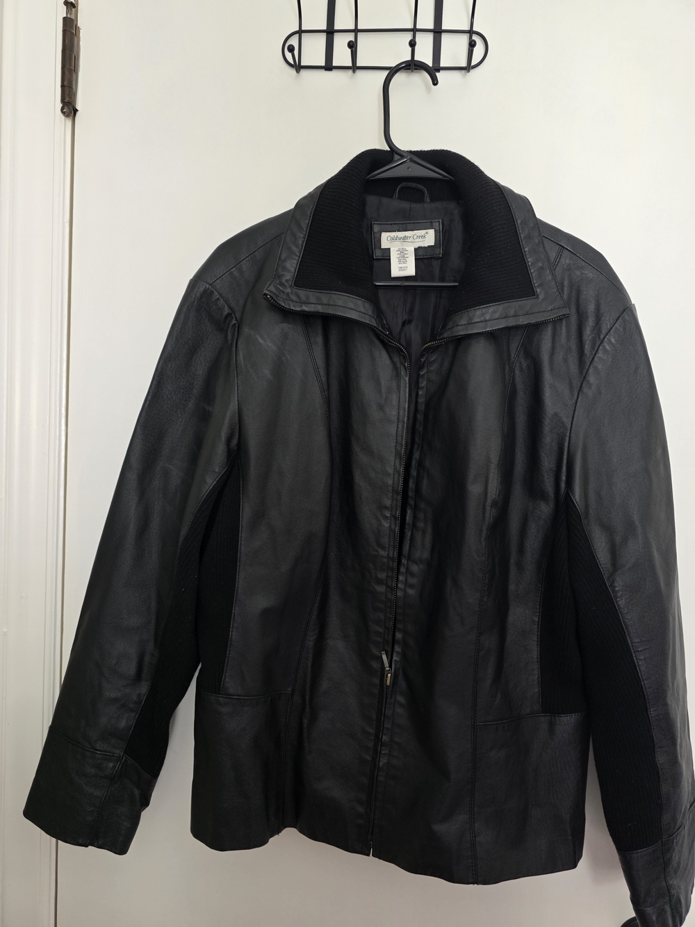 Coldwater Creek Women’s Large Black 100% Leather Jacket Knit Trim Full Zip